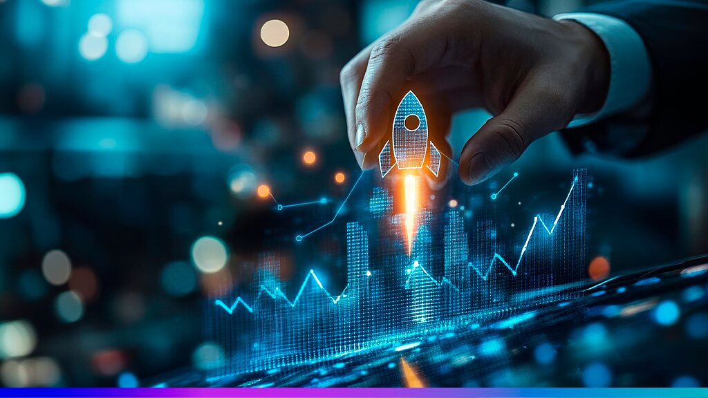Representação gráfica de gráficos crescentes, com uma mão caucasiana segurando um foguete gerado por computador