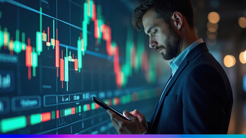 Profissional analisando gráficos digitais em tempo real em um tablet, representando análise de dados, inteligência de mercado e tomada de decisão.