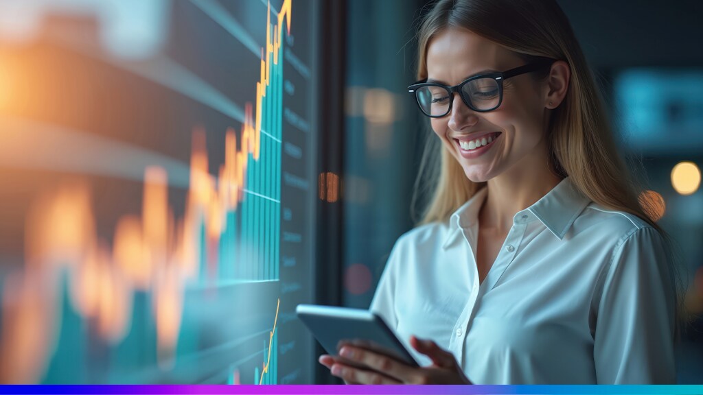 Profissional acompanhando gráficos de crescimento e resultados em painel digital, simbolizando benefícios da transformação de dados em insights estratégicos.