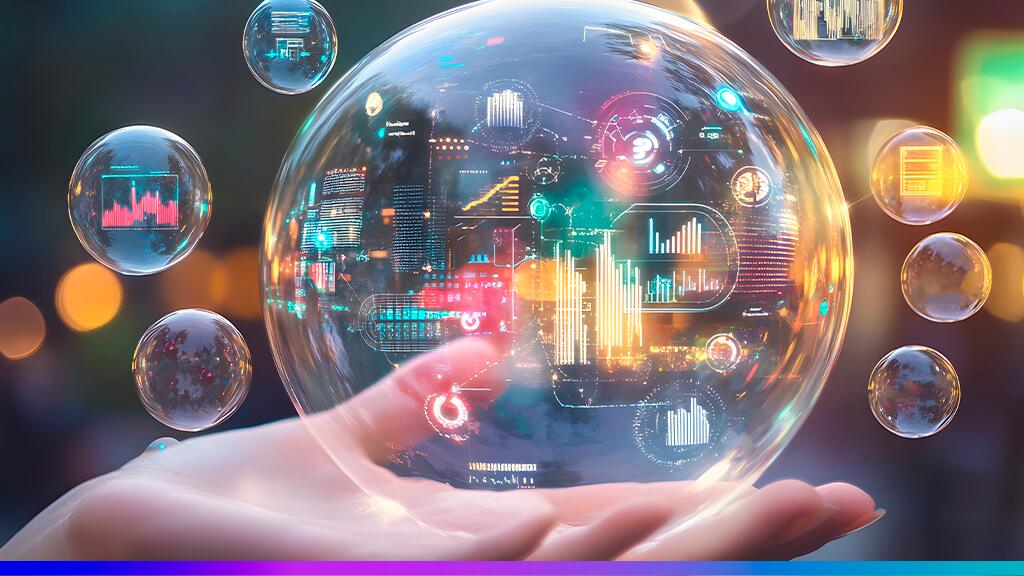 Visualização futurista de tecnologia de dados e inteligência artificial dentro de uma bolha digital, representando inovação, big data e transformação digital.