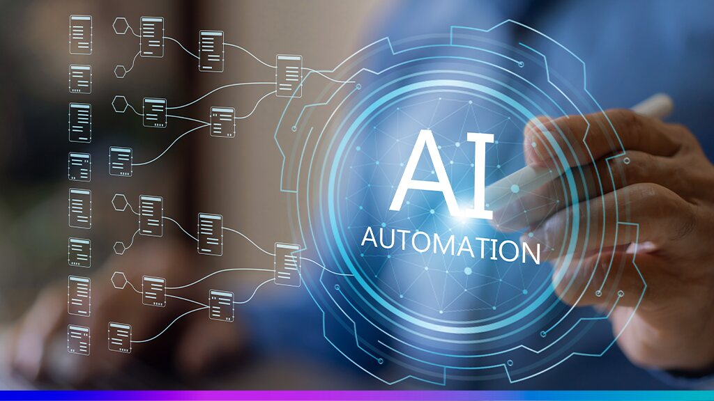Conceito de automação com inteligência artificial mostrando fluxos de dados conectados, inovação em processos digitais e transformação empresarial
