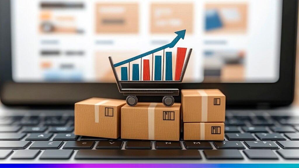 Crescimento do e-commerce representado por gráfico em carrinho de compras sobre caixas e teclado, simbolizando dados e estratégias digitais no varejo.