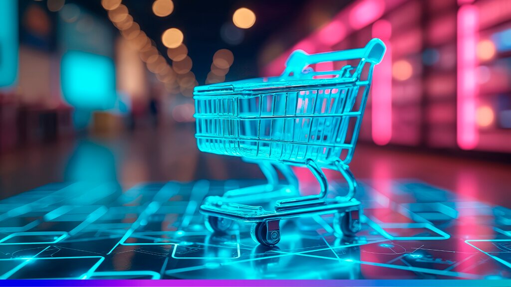 Carrinho de compras digital em estilo futurista neon, representando transformação digital, varejo online e inovação no consumo.
