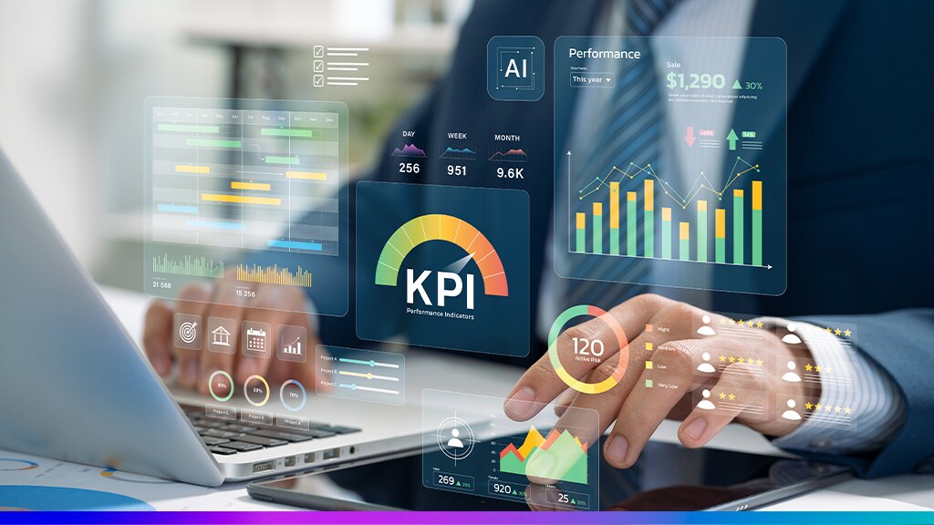 Profissional analisando indicadores de desempenho (KPIs) e gráficos digitais, simbolizando análise de dados, inteligência artificial e estratégias de marketing orientadas por métricas.