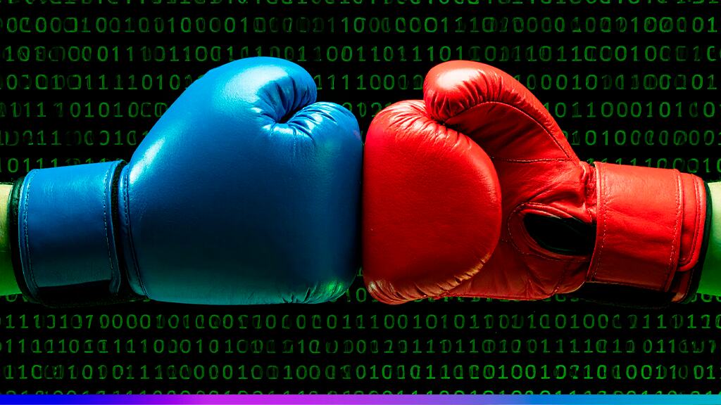 Confronto entre luvas de boxe azul e vermelha sobre fundo digital, simbolizando disputa de dados, análise preditiva e antecipação de riscos.