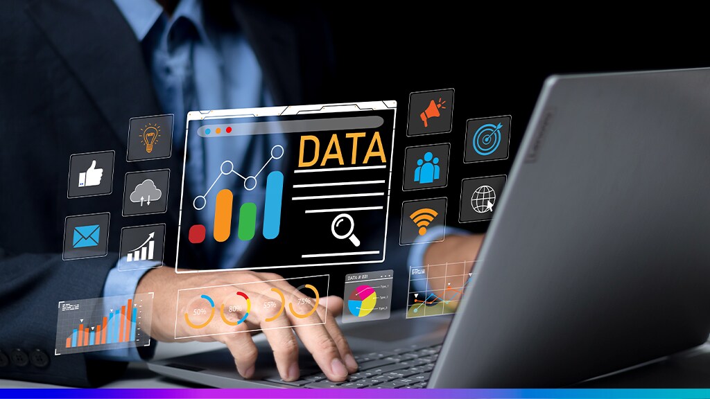 Importância da tecnologia para empresas representada por profissional analisando gráficos digitais e indicadores de dados.