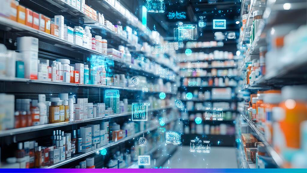 Monitoramento digital em farmácia com análise de dados e auditoria de medicamentos, simbolizando inovação e uso de tecnologia no setor farmacêutico.