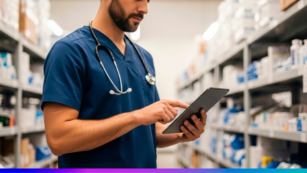Profissional de saúde utilizando tablet para controle de estoque farmacêutico, representando gestão digital e monitoramento de medicamentos.