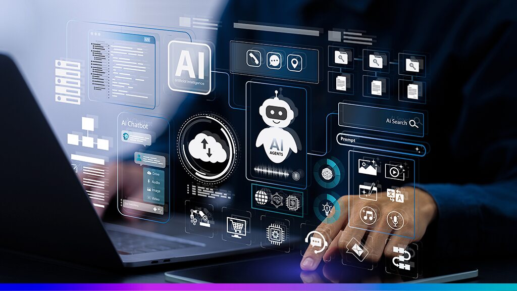 Interface digital com Inteligência Artificial, IA Chatbot e agentes virtuais, representando o uso de IA para automação e gestão de dados