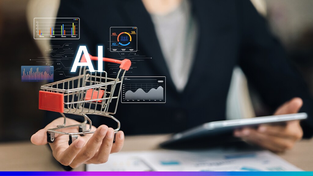 Representação do uso de Inteligência Artificial no varejo, com carrinho de compras e gráficos digitais para análise de dados e comportamento do consumidor